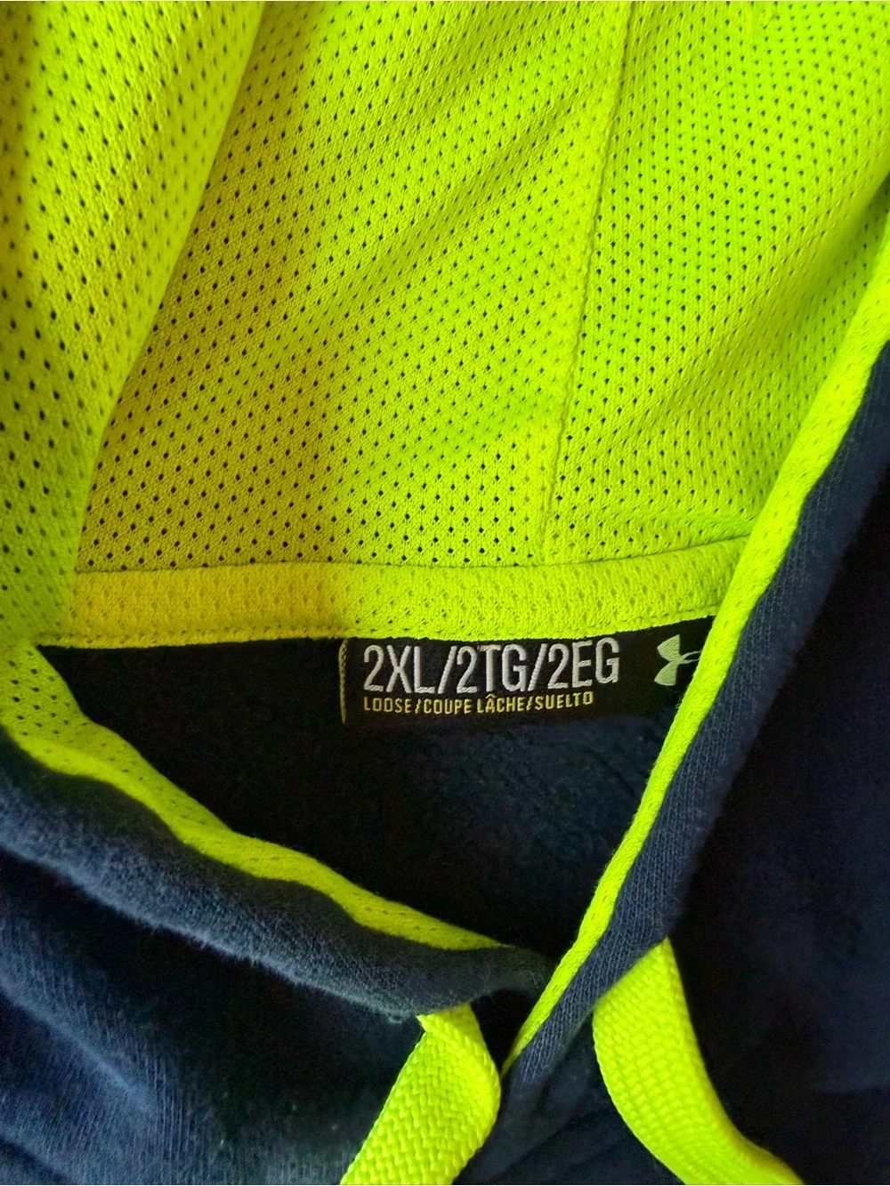 Under Armour Mens 2XL Hoodie Navy Neon Yellow Loose Fit Pullover Sweatshirt XXL